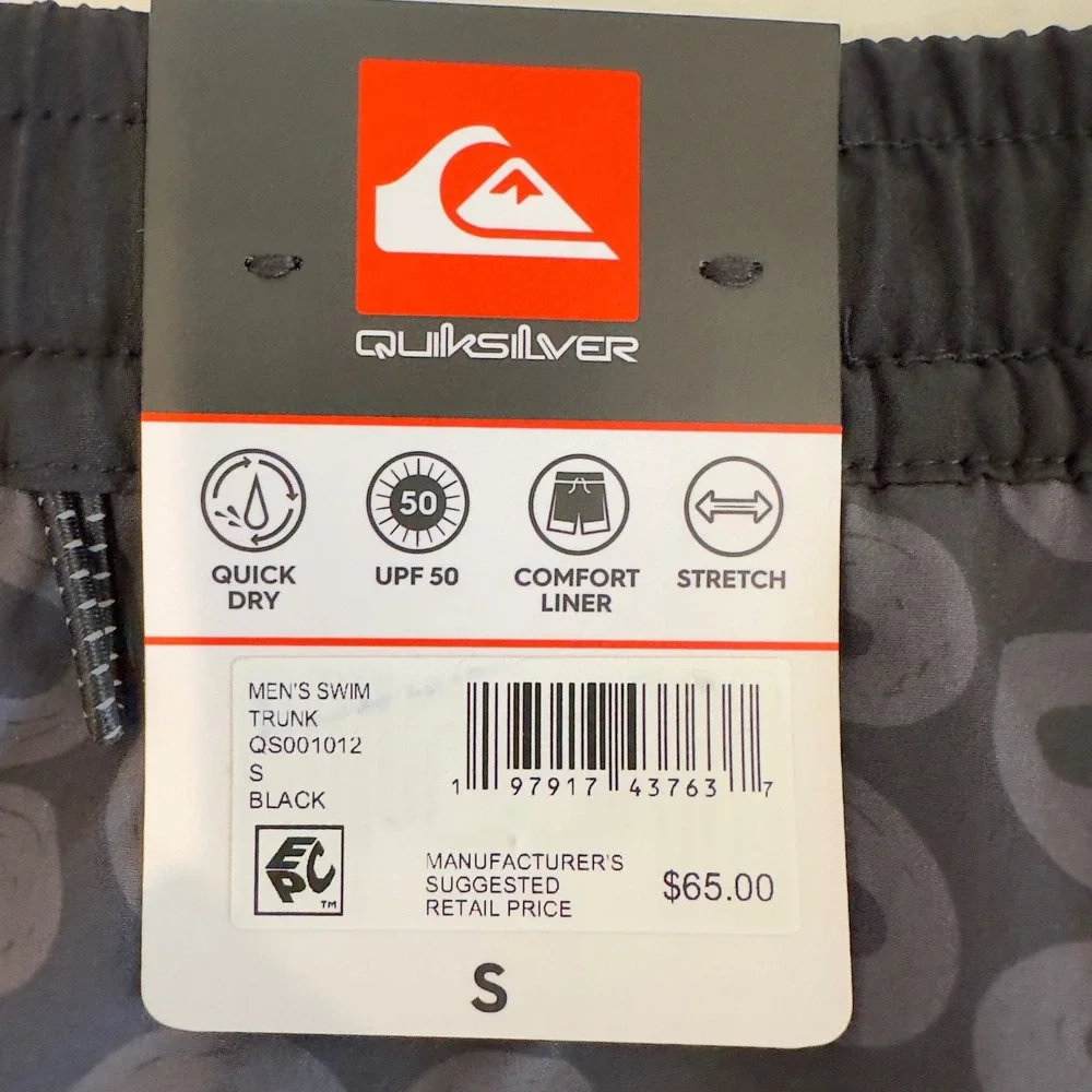 Quiksilver Mens Swim Trunks Black Grey Graphic Stretch UPF 50 QS001012 Small